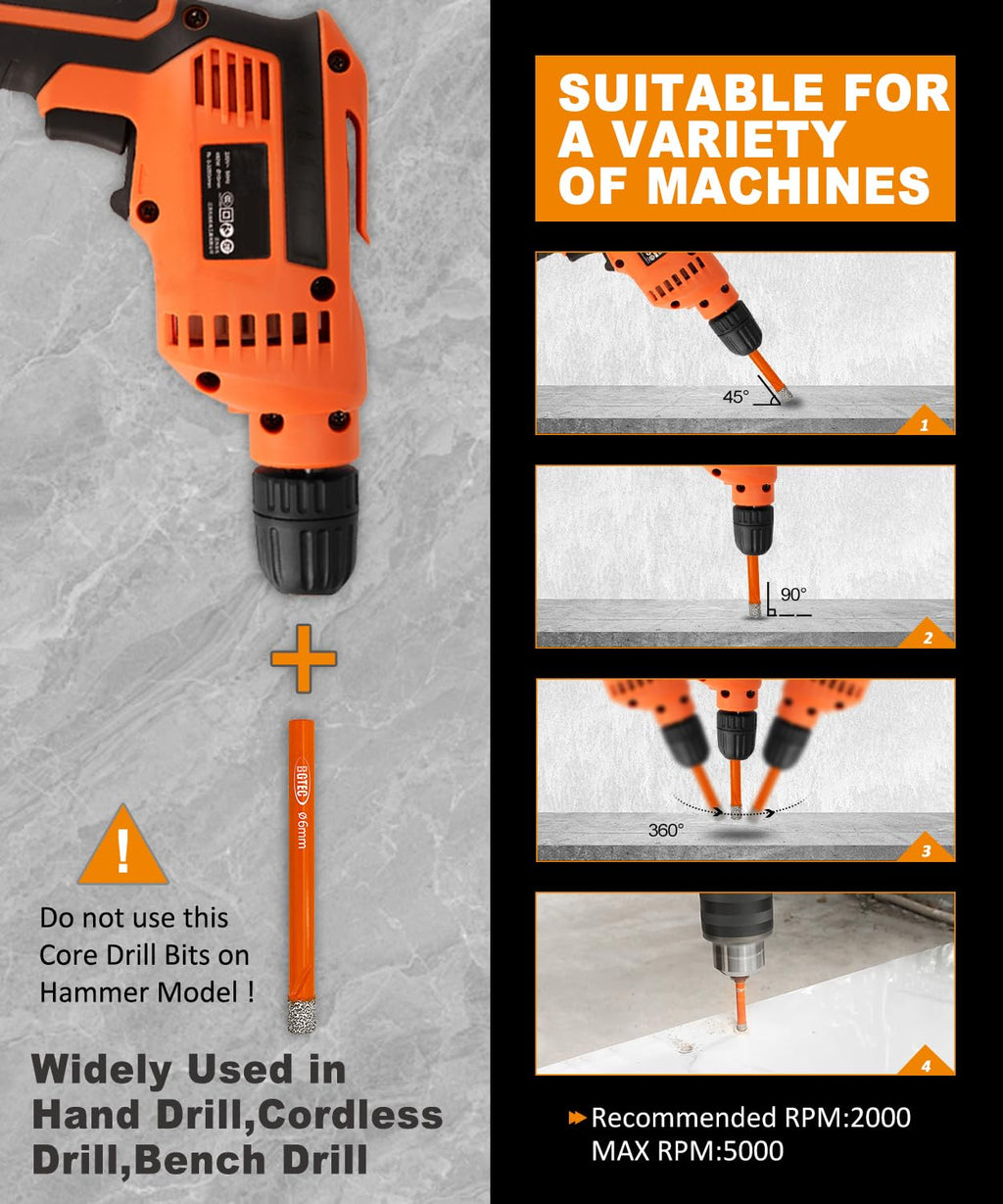 BGTEC Dry Diamond Drill Bit Set - 10pc, 1/4" (6mm) Hole Saw Kit for Granite, Marble & More