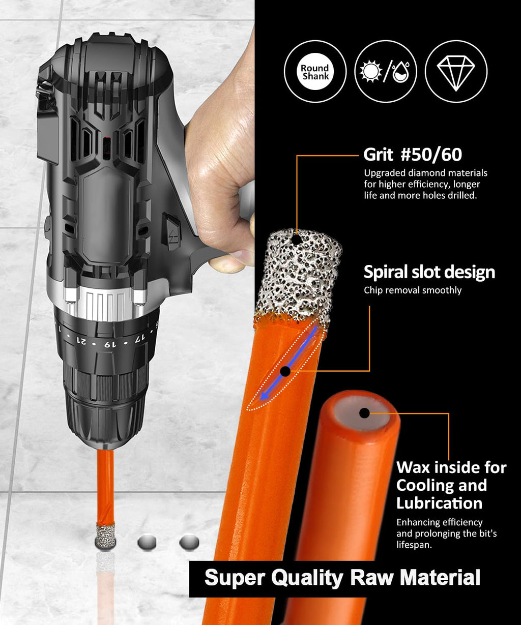 BGTEC Dry Diamond Drill Bit Set - 10pc, 1/4" (6mm) Hole Saw Kit for Granite, Marble & More