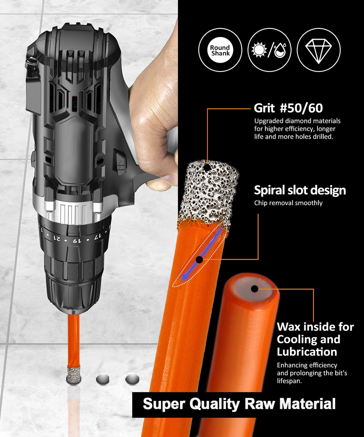 BGTEC Dry Diamond Drill Bit Set - 10pc, 1/4" (6mm) Hole Saw Kit for Granite, Marble & More