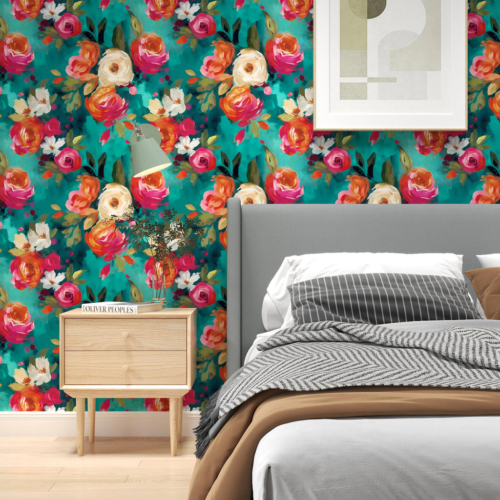 BOKEBEVE Watercolour Floral Peel and Stick Wallpaper – Boho Blue, 17.5 x 118 in