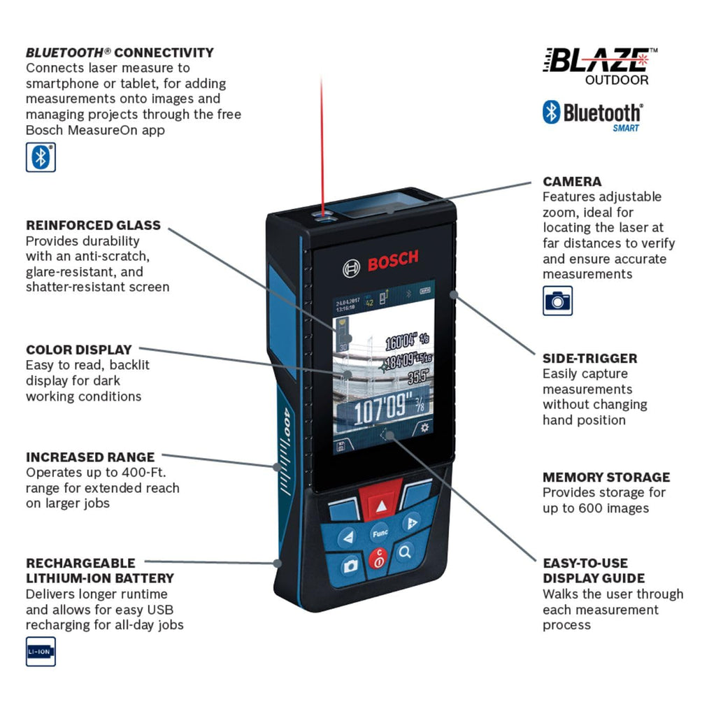 Bosch Blaze GLM400C 400 ft Outdoor Connected Laser Measure with Viewfinder | MeasureOn App