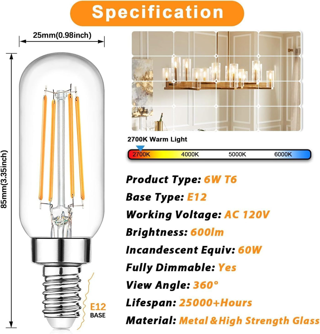 Brightever E12 Candelabra LED Bulbs - 60W Equivalent, 6W Dimmable, 600lm, 2700K Warm White, Clear Vintage Tubular, 6-Pack