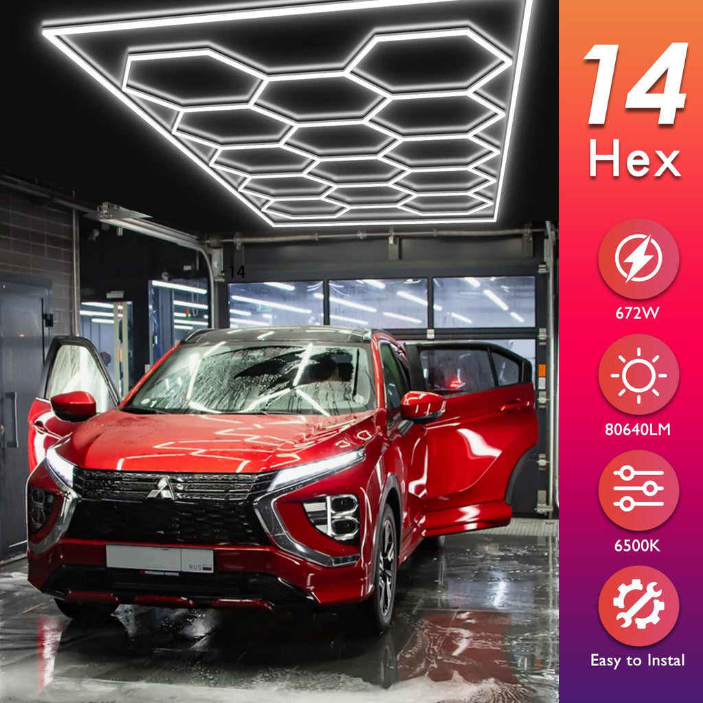 BRILLIHOOD Hexagon LED Garage Lights – 672W, 80,640 LM, 6500K for Garage, Workshop & Car Detailing