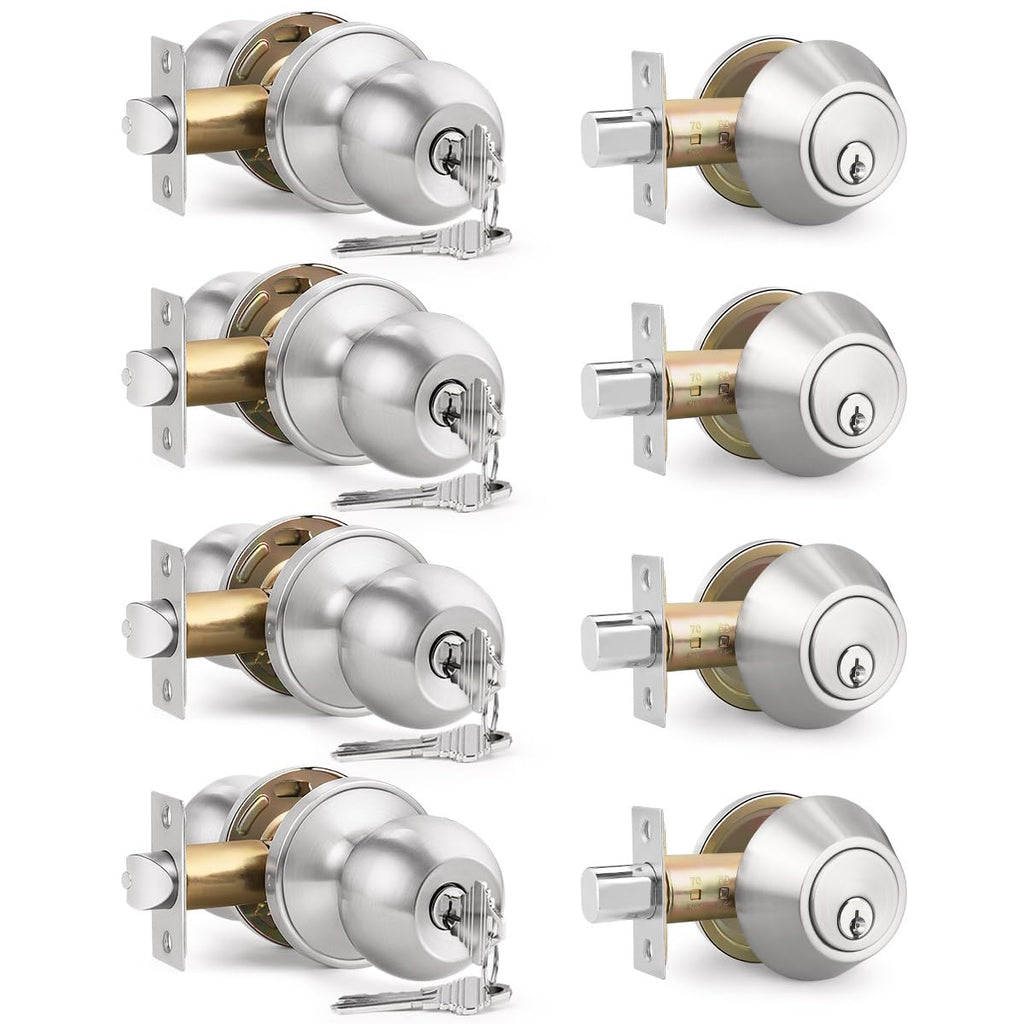 Brotima 4 Pack Keyed Entry Door Knob & Deadbolt Set – Satin Nickel, Keyed Alike Exterior Lockset