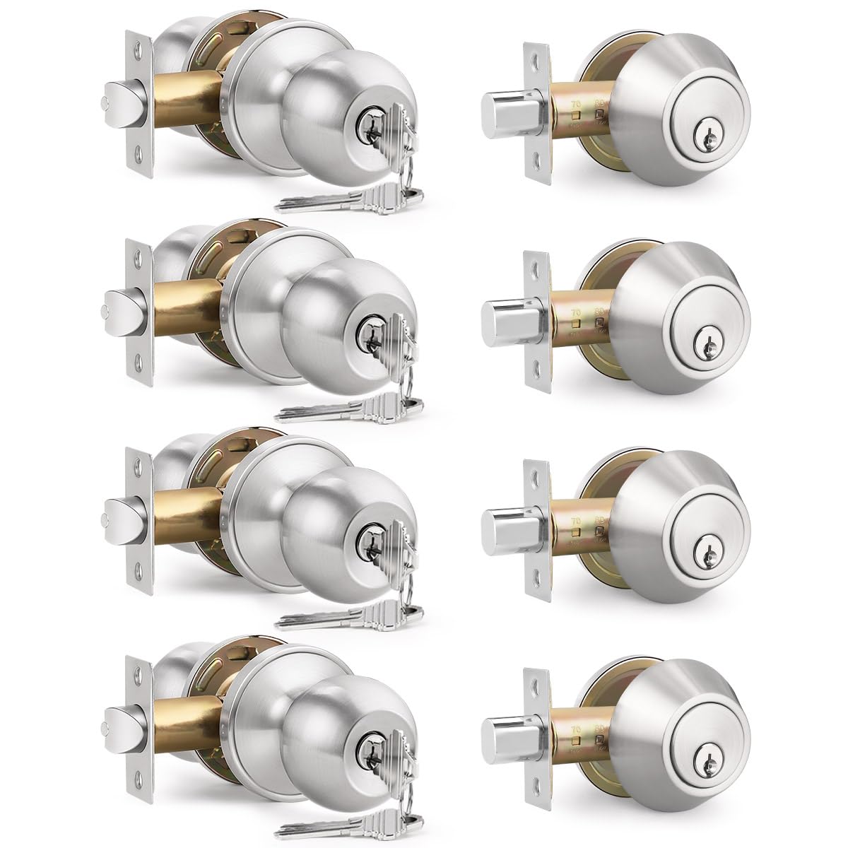 Brotima 4 Pack Keyed Entry Door Knob & Deadbolt Set – Satin Nickel, Keyed Alike Exterior Lockset