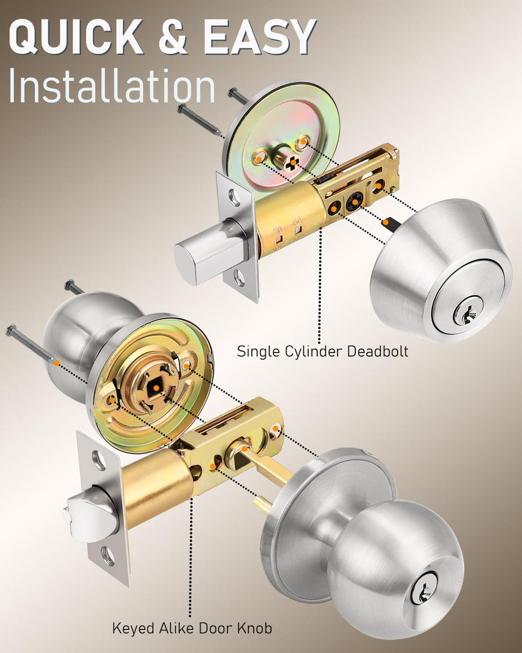 Brotima 4 Pack Keyed Entry Door Knob & Deadbolt Set – Satin Nickel, Keyed Alike Exterior Lockset