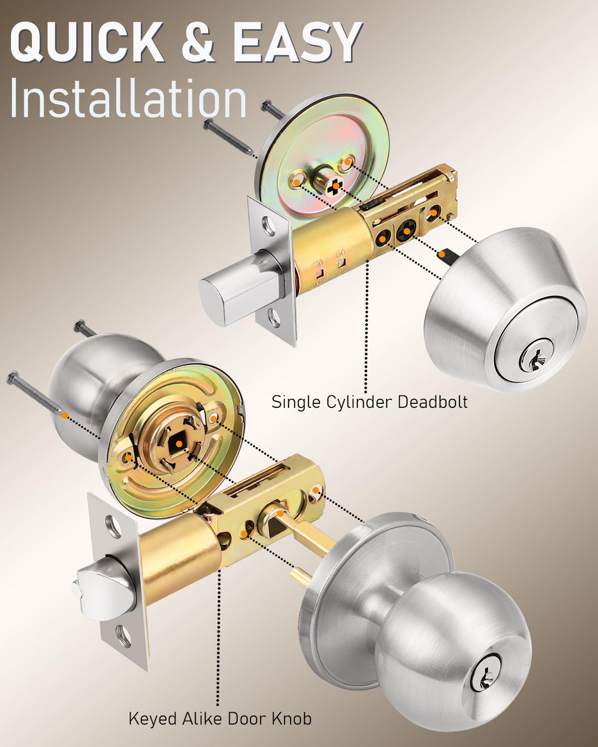 Brotima 4 Pack Keyed Entry Door Knob & Deadbolt Set – Satin Nickel, Keyed Alike Exterior Lockset