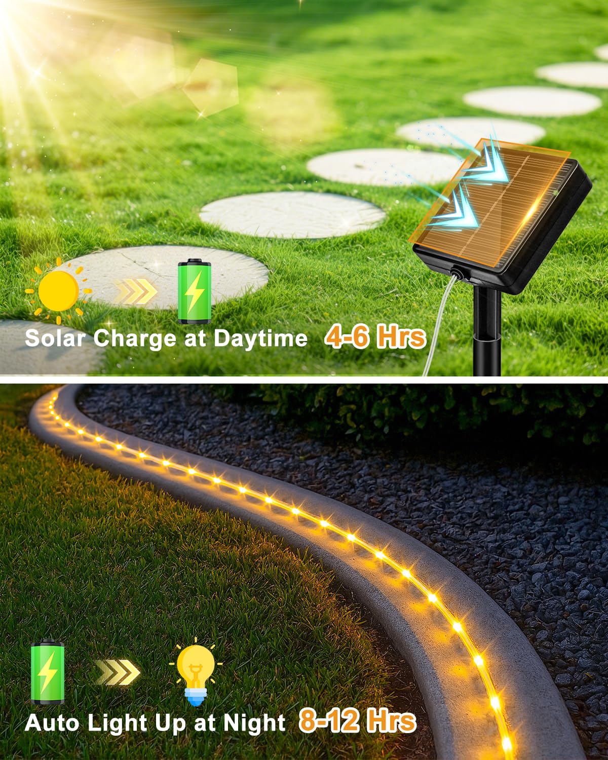 btfarm 2 Pack Solar Rope Lights – 46ft Outdoor LED String Lights, 8 Modes, IP65 Waterproof, Warm White