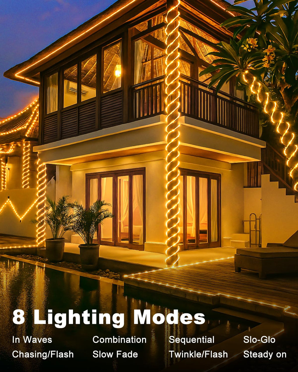 btfarm 2 Pack Solar Rope Lights – 46ft Outdoor LED String Lights, 8 Modes, IP65 Waterproof, Warm White