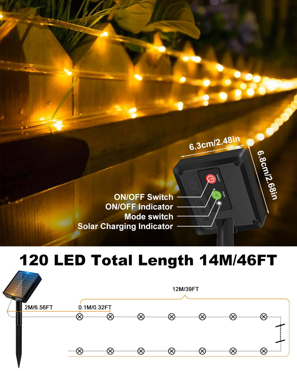 btfarm 2 Pack Solar Rope Lights – 46ft Outdoor LED String Lights, 8 Modes, IP65 Waterproof, Warm White