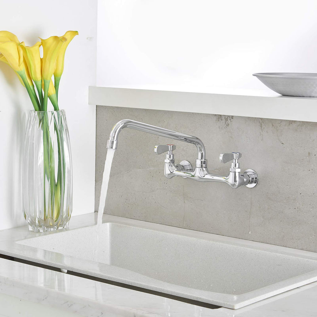 BWE Wall Mount Kitchen Faucet with 12-Inch Swivel Spout – 8-Inch Center, 2-Handle, Polished Chrome