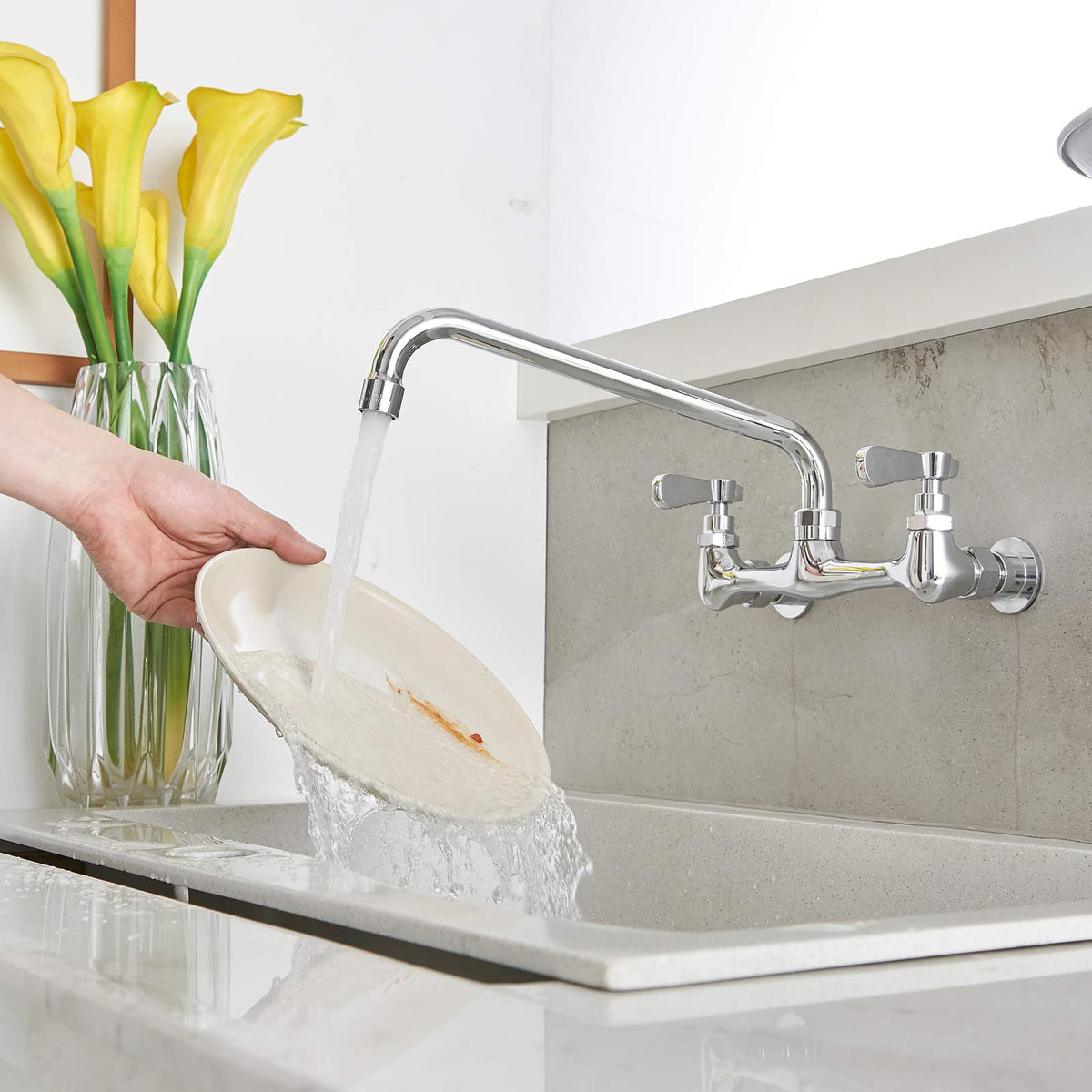BWE Wall Mount Kitchen Faucet with 12-Inch Swivel Spout – 8-Inch Center, 2-Handle, Polished Chrome