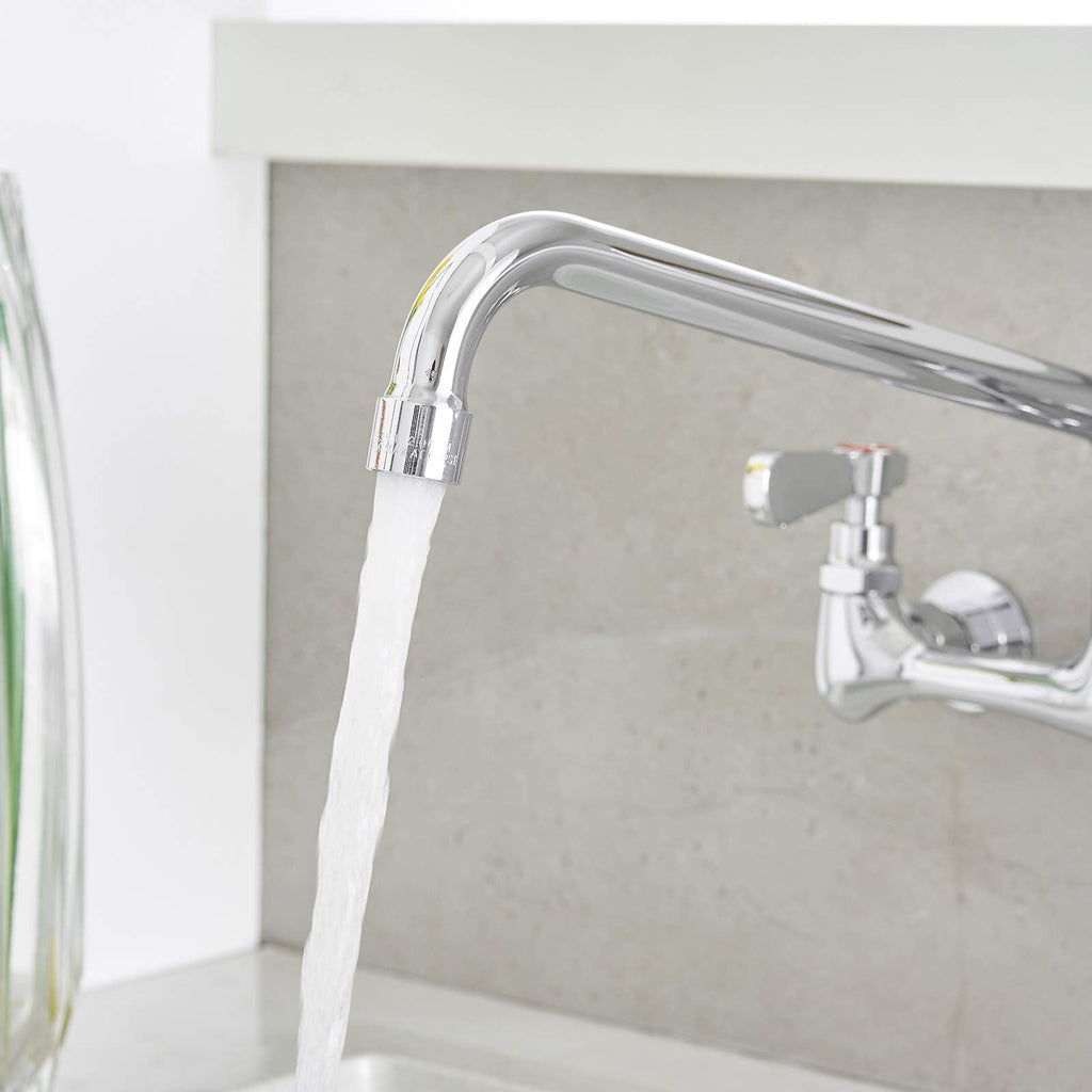 BWE Wall Mount Kitchen Faucet with 12-Inch Swivel Spout – 8-Inch Center, 2-Handle, Polished Chrome