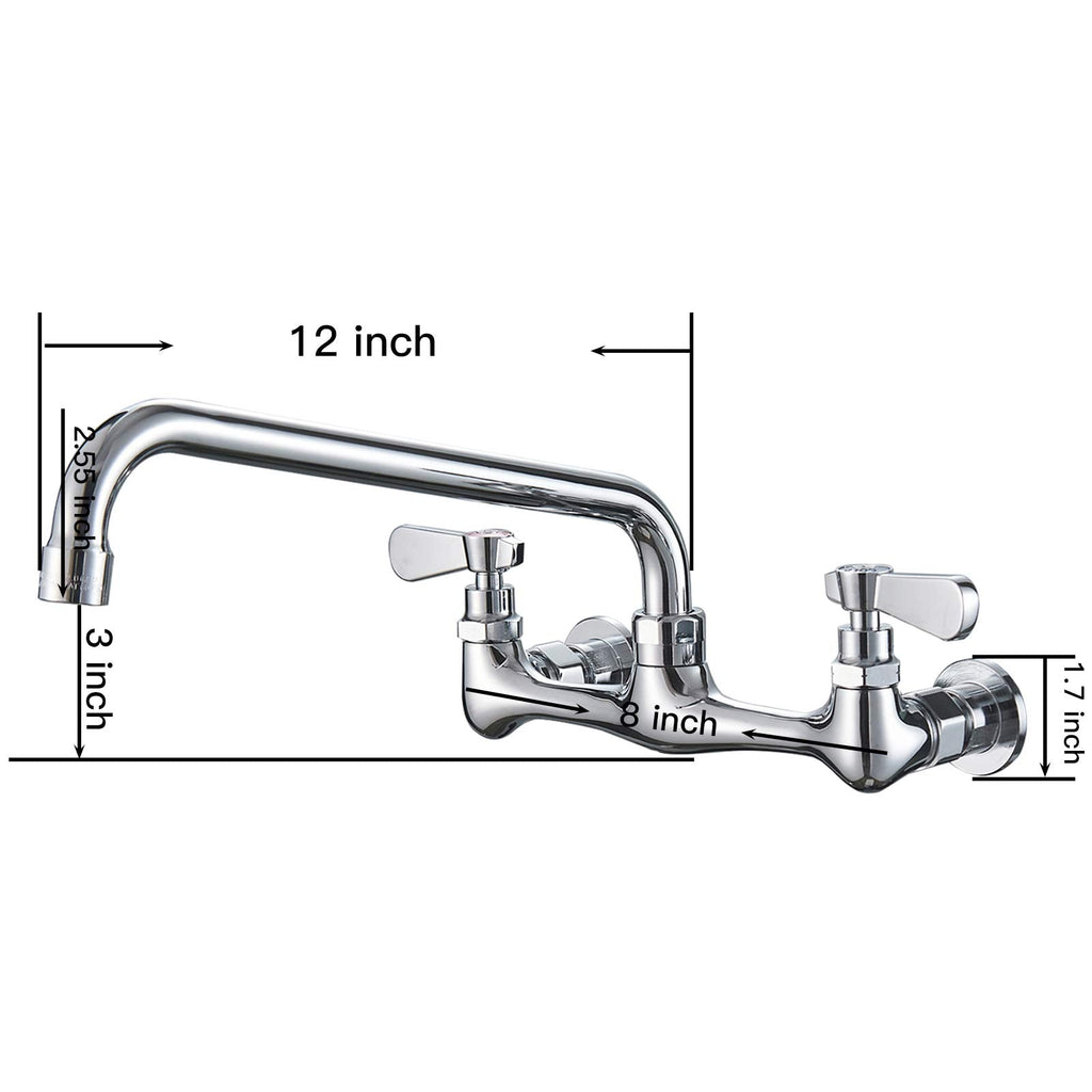 BWE Wall Mount Kitchen Faucet with 12-Inch Swivel Spout – 8-Inch Center, 2-Handle, Polished Chrome