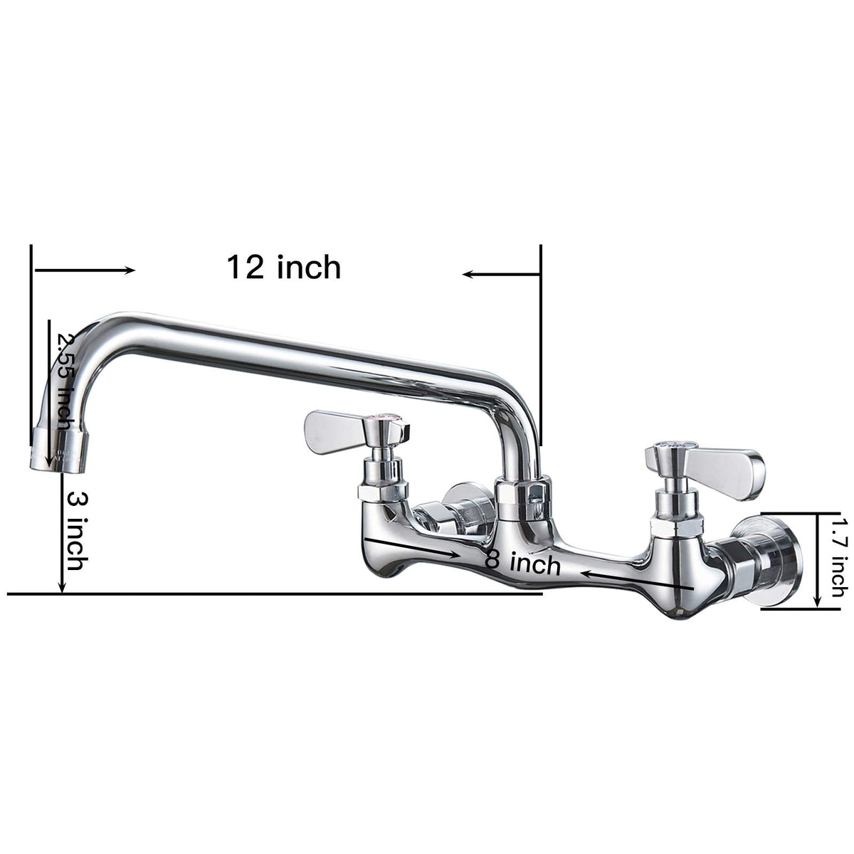 BWE Wall Mount Kitchen Faucet with 12-Inch Swivel Spout – 8-Inch Center, 2-Handle, Polished Chrome
