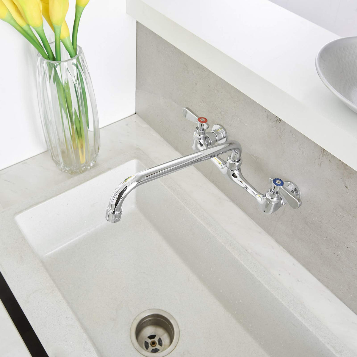 BWE Wall Mount Kitchen Faucet with 12-Inch Swivel Spout – 8-Inch Center, 2-Handle, Polished Chrome