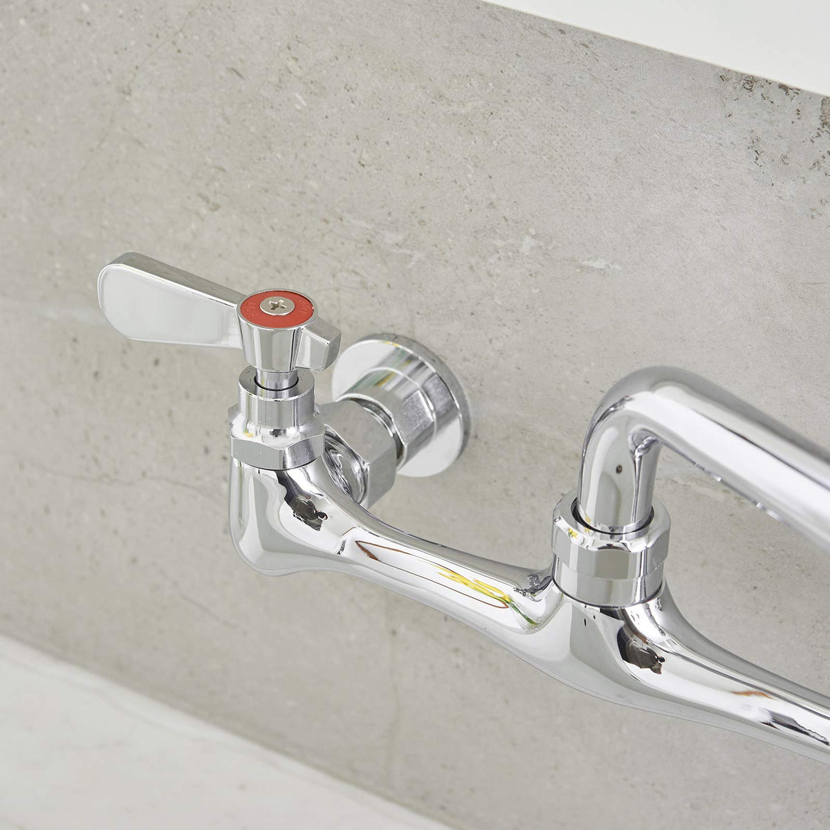 BWE Wall Mount Kitchen Faucet with 12-Inch Swivel Spout – 8-Inch Center, 2-Handle, Polished Chrome