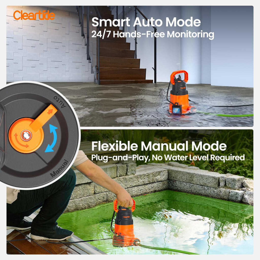 Cleartide 1/3 HP Submersible Utility Pump – 2790 GPH High Flow, Auto Water Sensor, 10 ft Cord