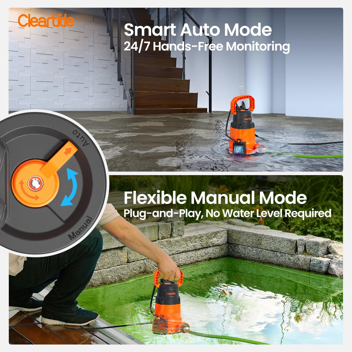 Cleartide 1/3 HP Submersible Utility Pump – 2790 GPH High Flow, Auto Water Sensor, 10 ft Cord