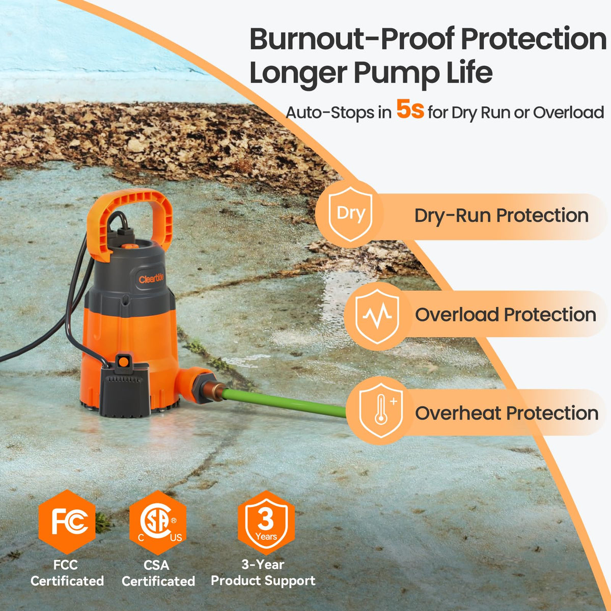 Cleartide 1/3 HP Submersible Utility Pump – 2790 GPH High Flow, Auto Water Sensor, 10 ft Cord