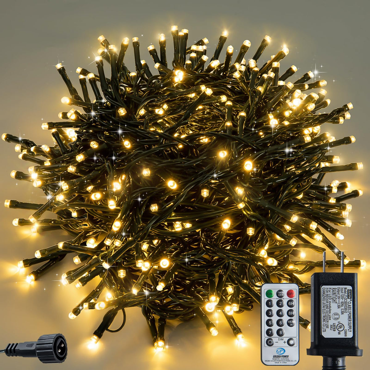 Clownya Christmas Lights 100ft, 300 LEDs, Warm White, 8 Modes — Indoor/Outdoor Plug-in