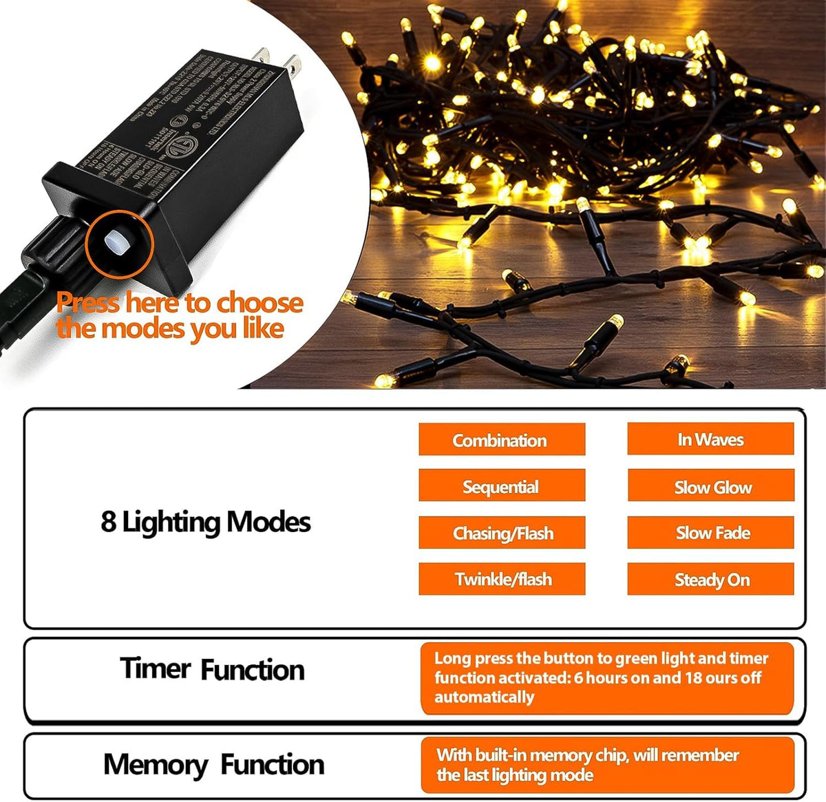 Clownya Christmas Lights 100ft, 300 LEDs, Warm White, 8 Modes — Indoor/Outdoor Plug-in