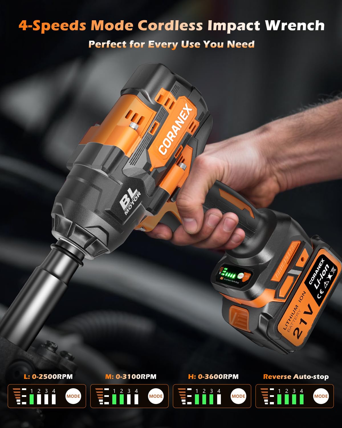 Coranex 1/2-Inch Cordless Impact Wrench, 1300 N·m, 2x4.0Ah Batteries
