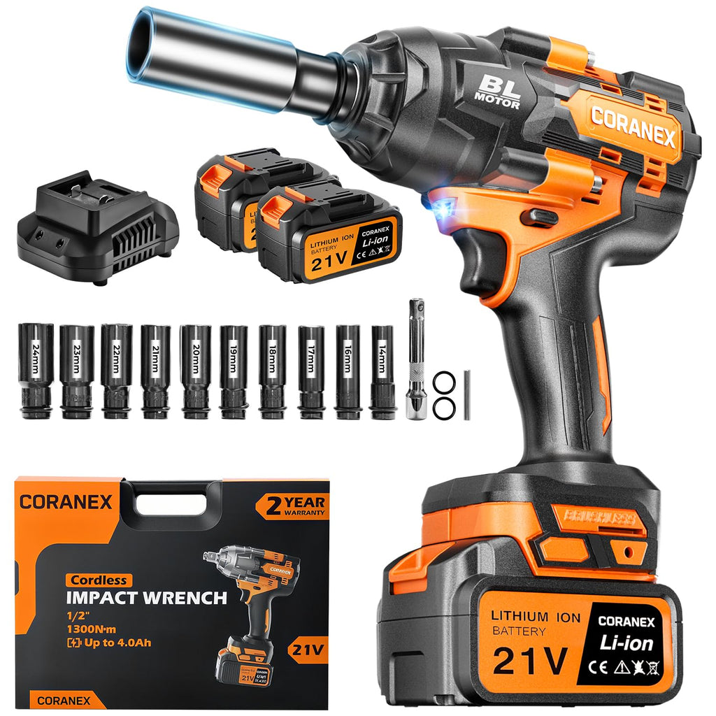 Coranex 1/2-Inch Cordless Impact Wrench, 1300 N·m, 2x4.0Ah Batteries