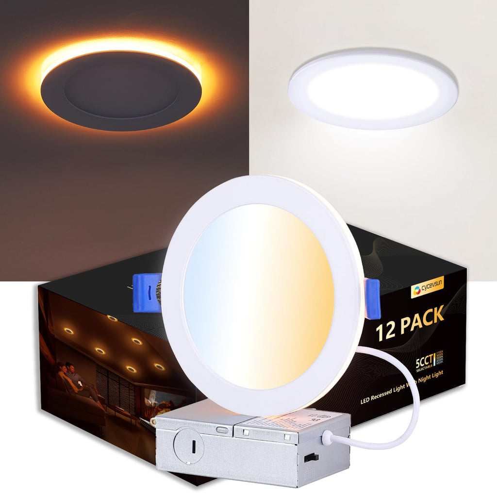 CycevSun 12-Pack 6-Inch LED Recessed Lights with Night Light — Dimmable, 5 CCT, Canless Wafer, ETL & Energy Star