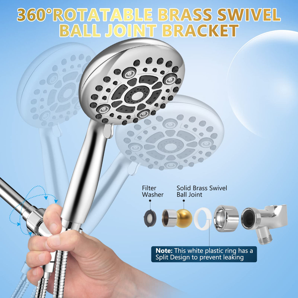DAKINGS 6-Spray High-Pressure Handheld Showerhead – 5 Inch Chrome, 60-Inch Hose, 1-Min Install