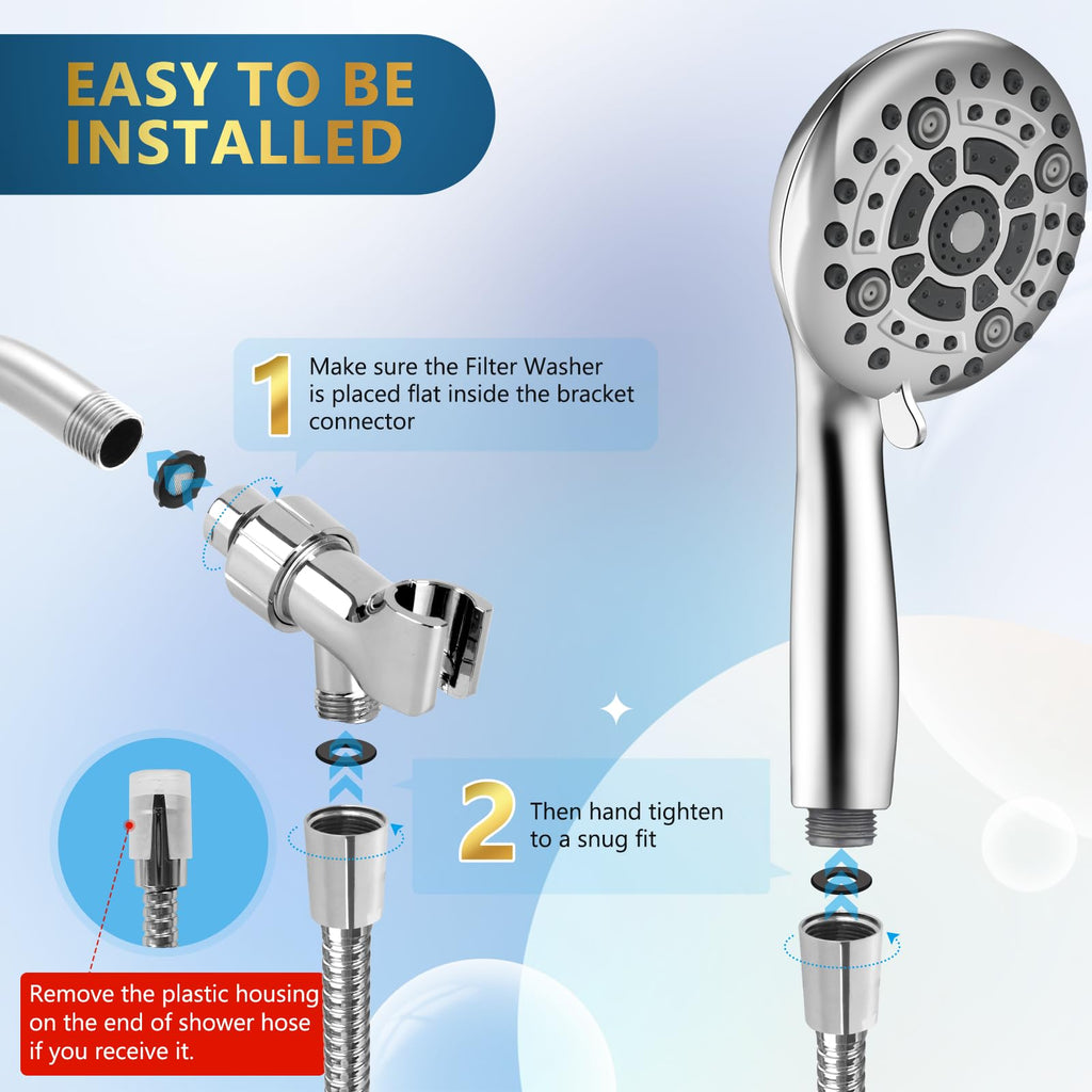 DAKINGS 6-Spray High-Pressure Handheld Showerhead – 5 Inch Chrome, 60-Inch Hose, 1-Min Install