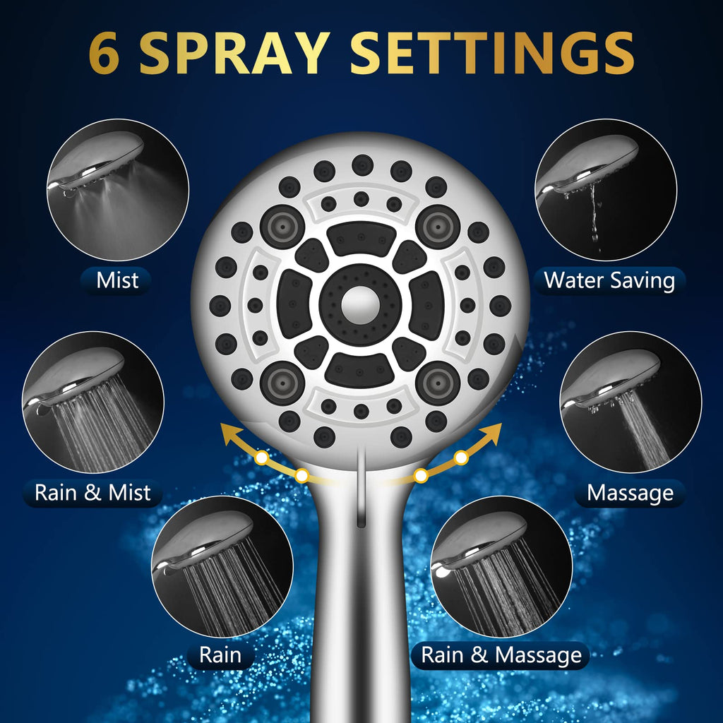 DAKINGS 6-Spray High-Pressure Handheld Showerhead – 5 Inch Chrome, 60-Inch Hose, 1-Min Install