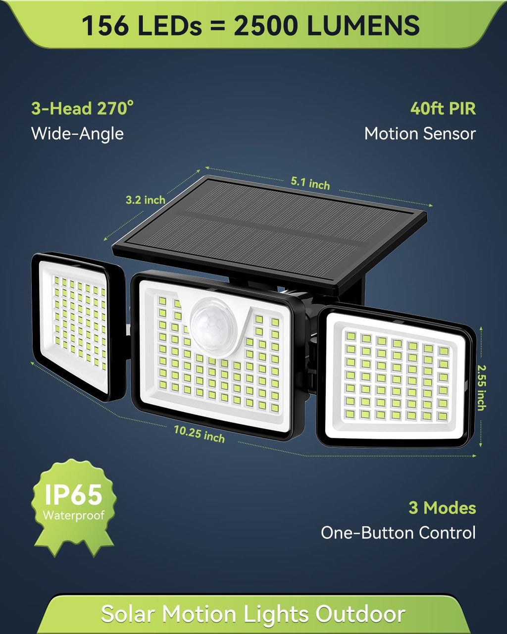 daphino 2500LM Solar Flood Lights with Motion Sensor - 3-Head 270° Wide Angle IP65 Outdoor Lighting