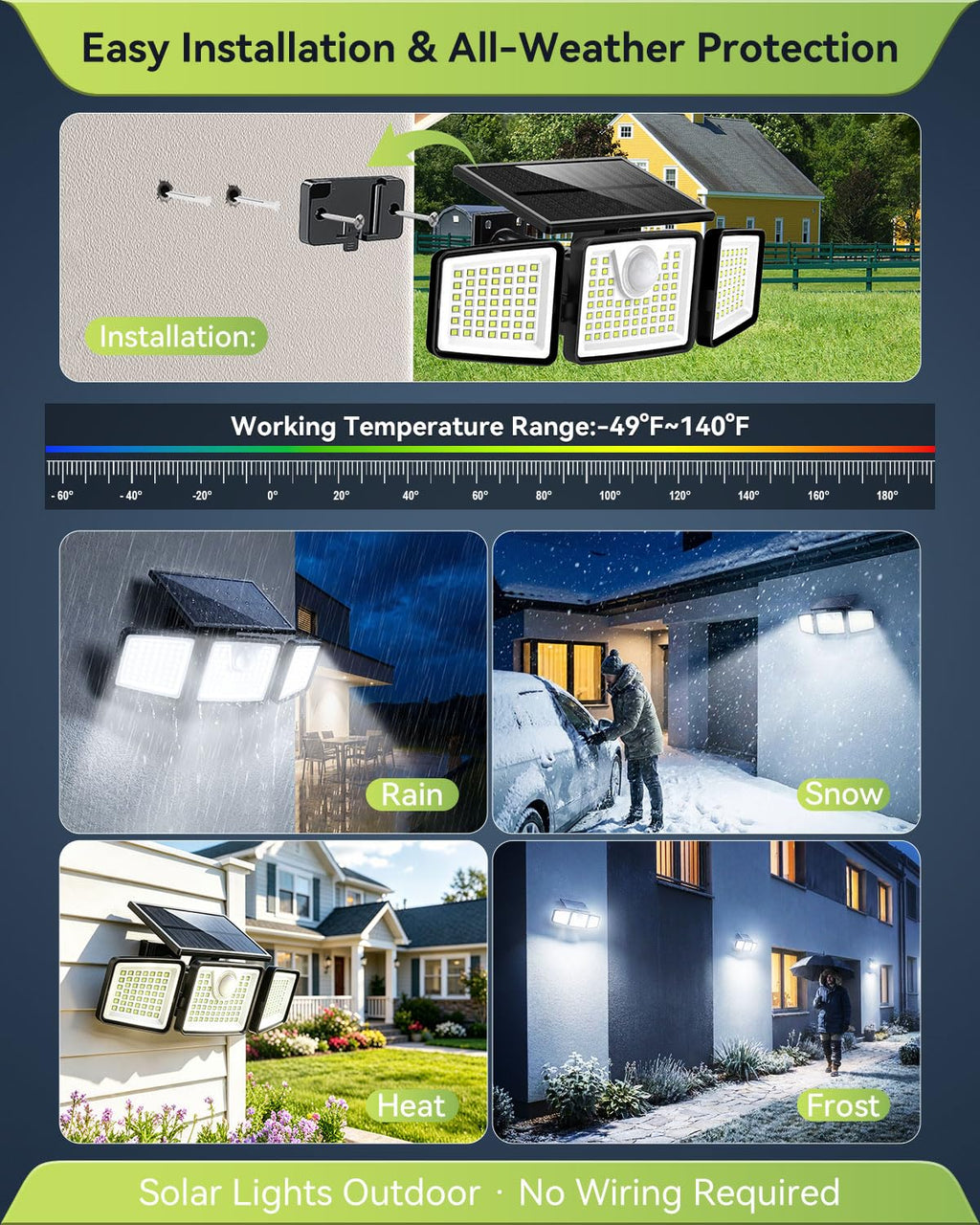 daphino 2500LM Solar Flood Lights with Motion Sensor - 3-Head 270° Wide Angle IP65 Outdoor Lighting