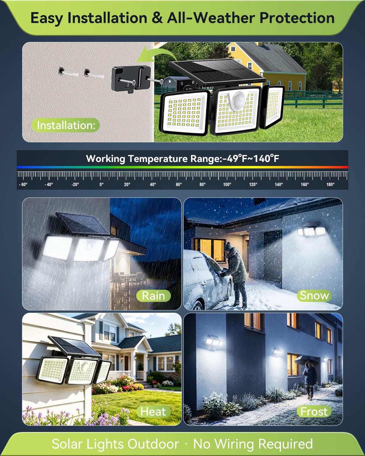 daphino 2500LM Solar Flood Lights with Motion Sensor - 3-Head 270° Wide Angle IP65 Outdoor Lighting
