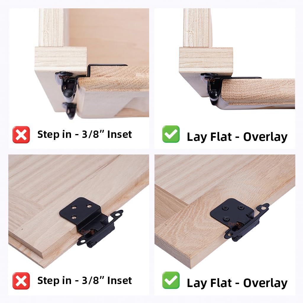 DecoBasics Half-Inch Overlay Matte Black Cabinet Hinges – 10 Pairs (20 PCS), Self-Closing, Flush Mount with Bumpers & Upgraded Screws
