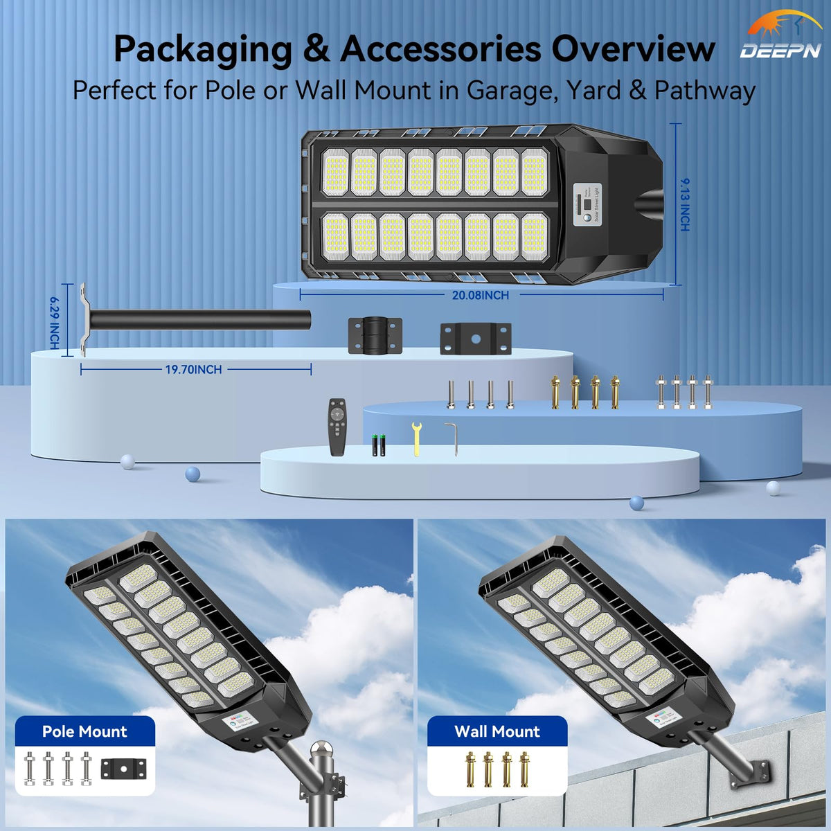 Deepn Solar Street Lights Outdoor – 8000W Commercial Grade LED Flood Lights (2 Pack) with Motion Sensor & Remote