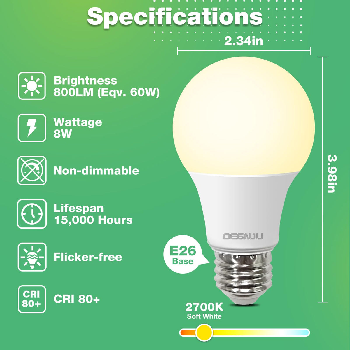 DEGNJU A19 LED Bulbs – 60W Equivalent, 2700K Soft White, 800 Lumens, E26 Base, Non-Dimmable, 12 Pack