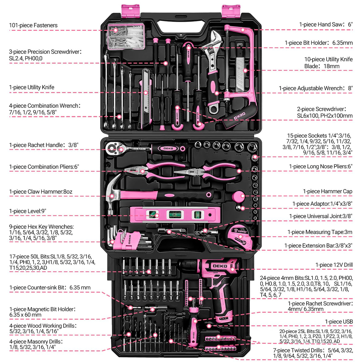 DEKOPRO Pink Tool Kit Box Drill Set – 12V Cordless Drill, 238-Piece Home Toolkit with Drawer Case