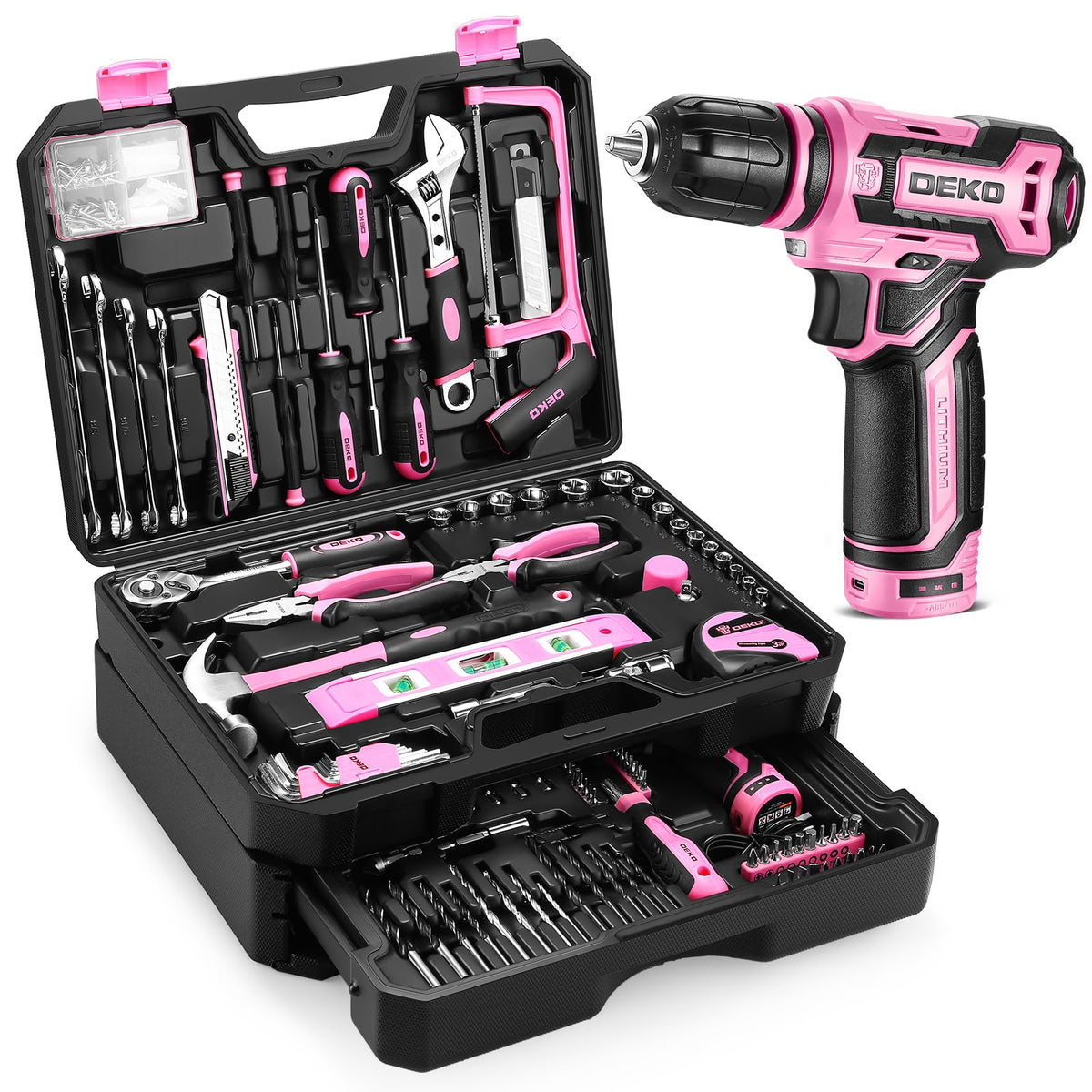 DEKOPRO Pink Tool Kit Box Drill Set – 12V Cordless Drill, 238-Piece Home Toolkit with Drawer Case
