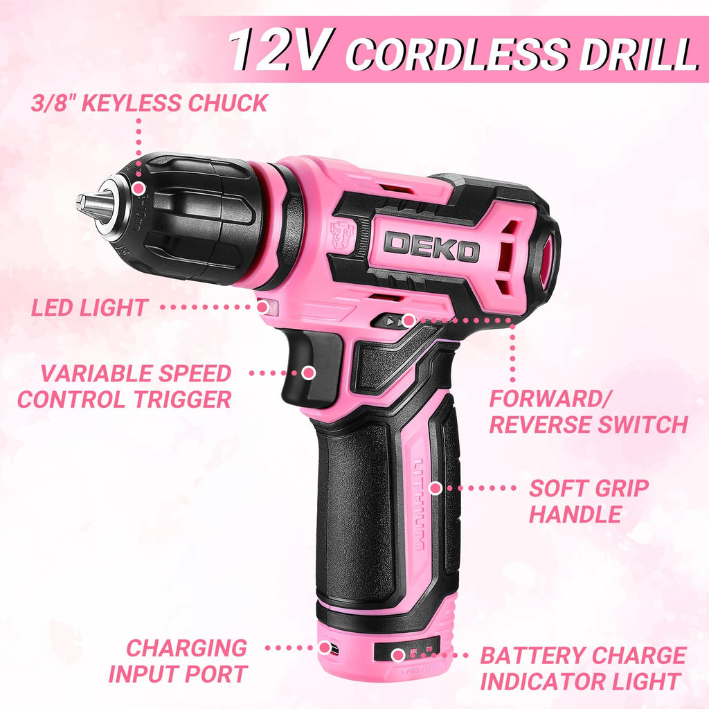 DEKOPRO Pink Tool Kit Box Drill Set – 12V Cordless Drill, 238-Piece Home Toolkit with Drawer Case