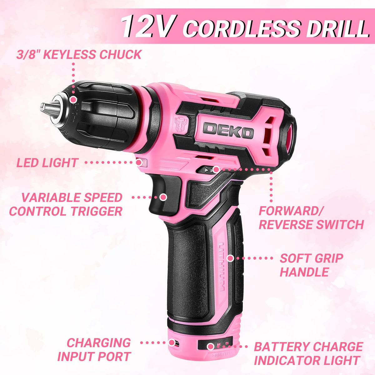 DEKOPRO Pink Tool Kit Box Drill Set – 12V Cordless Drill, 238-Piece Home Toolkit with Drawer Case