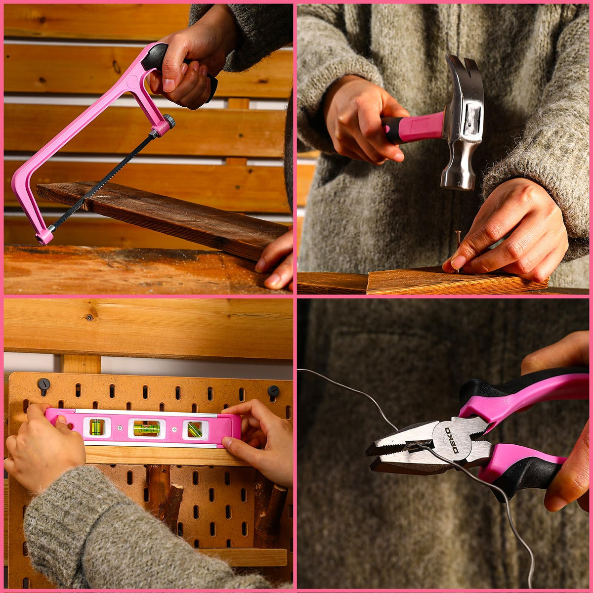 DEKOPRO Pink Tool Kit Box Drill Set – 12V Cordless Drill, 238-Piece Home Toolkit with Drawer Case