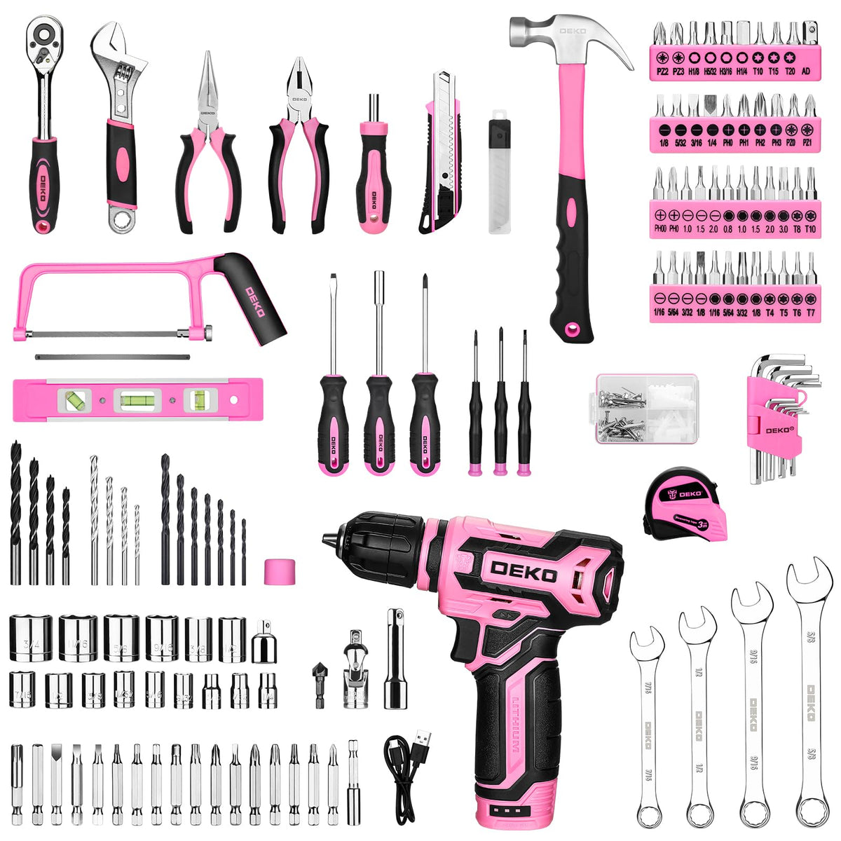 DEKOPRO Pink Tool Kit Box Drill Set – 12V Cordless Drill, 238-Piece Home Toolkit with Drawer Case
