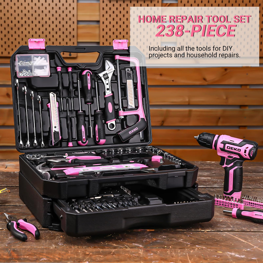 DEKOPRO Pink Tool Kit Box Drill Set – 12V Cordless Drill, 238-Piece Home Toolkit with Drawer Case