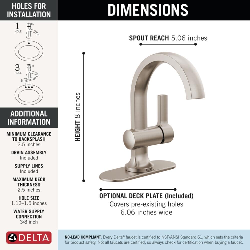 Delta Albion Brushed Nickel 1-Hole Bathroom Faucet | SpotShield & WaterSense | 15855LF-SP