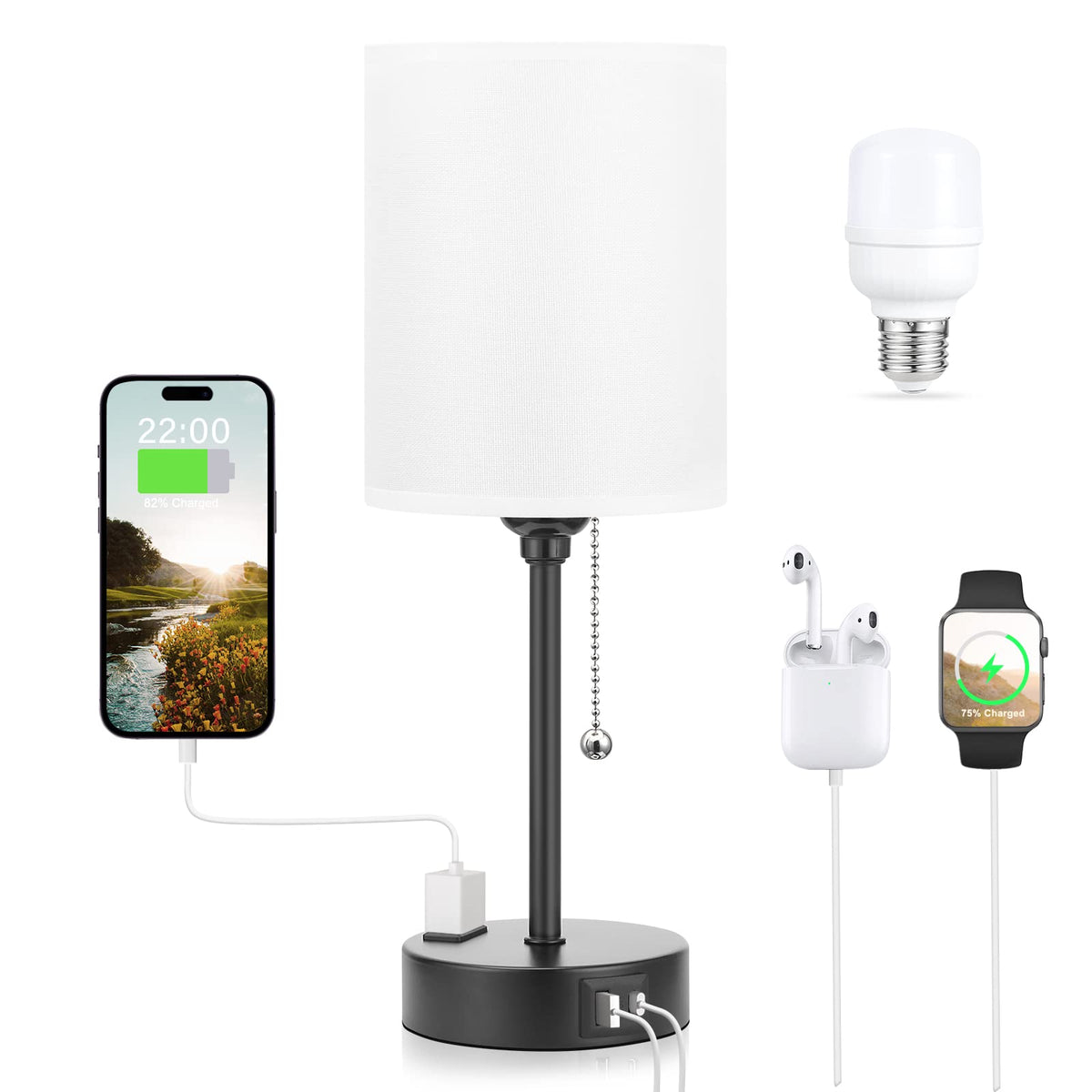 Dicoool Small Bedside Table Lamp – 3 Color Temperatures, USB-C/USB, AC Outlet