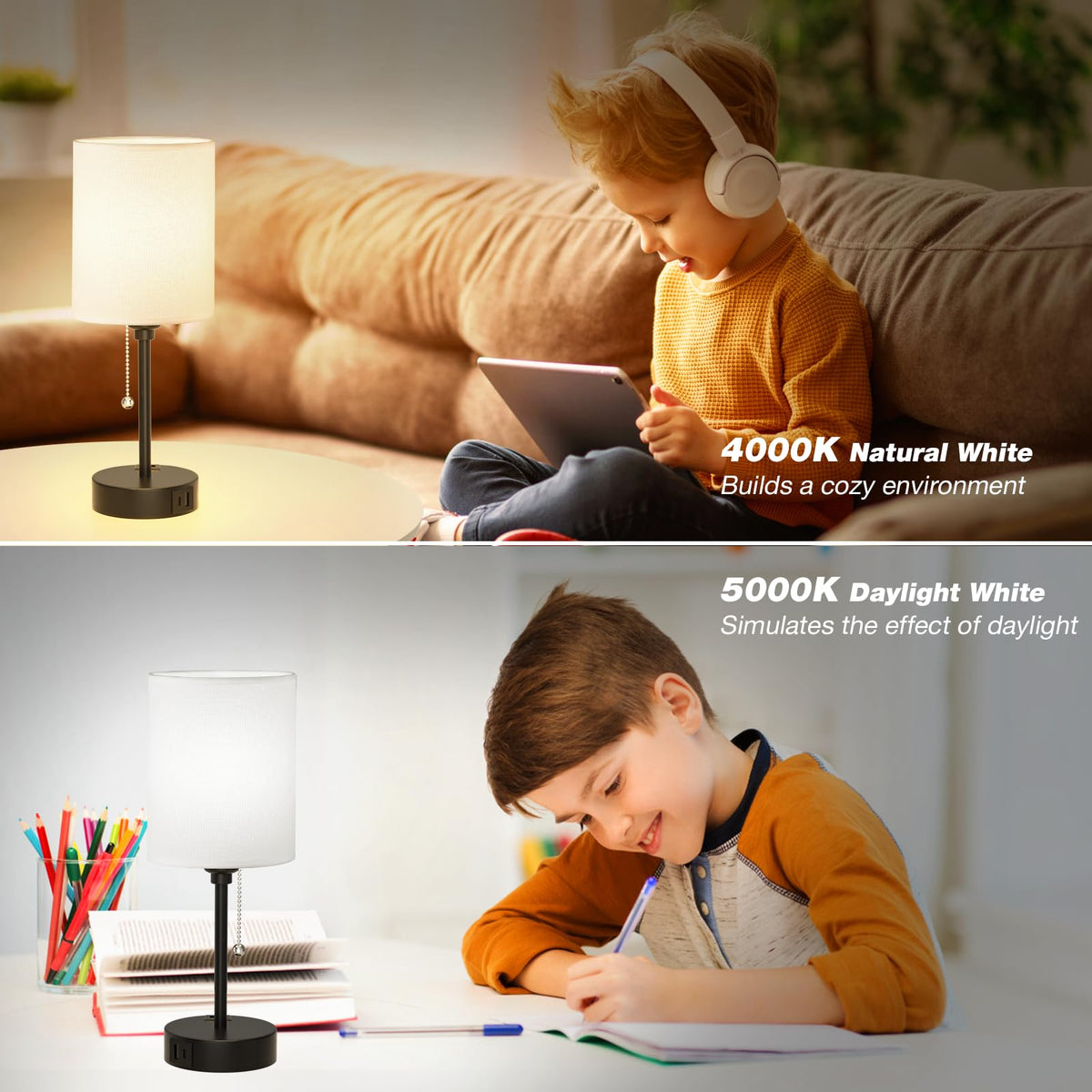 Dicoool Small Bedside Table Lamp – 3 Color Temperatures, USB-C/USB, AC Outlet