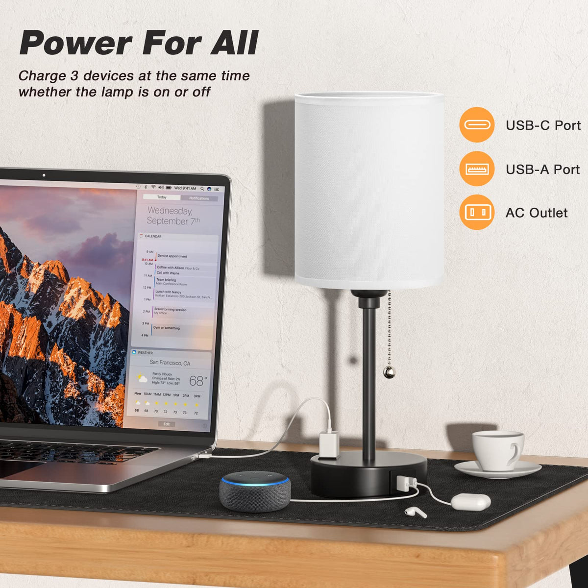 Dicoool Small Bedside Table Lamp – 3 Color Temperatures, USB-C/USB, AC Outlet