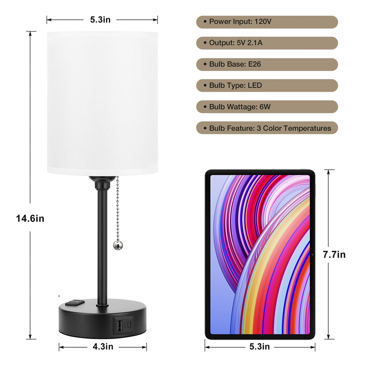 Dicoool Small Bedside Table Lamp – 3 Color Temperatures, USB-C/USB, AC Outlet